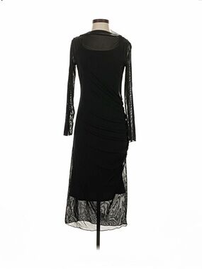 Elegant Black Long-Sleeve Mesh Panel Midi Dress